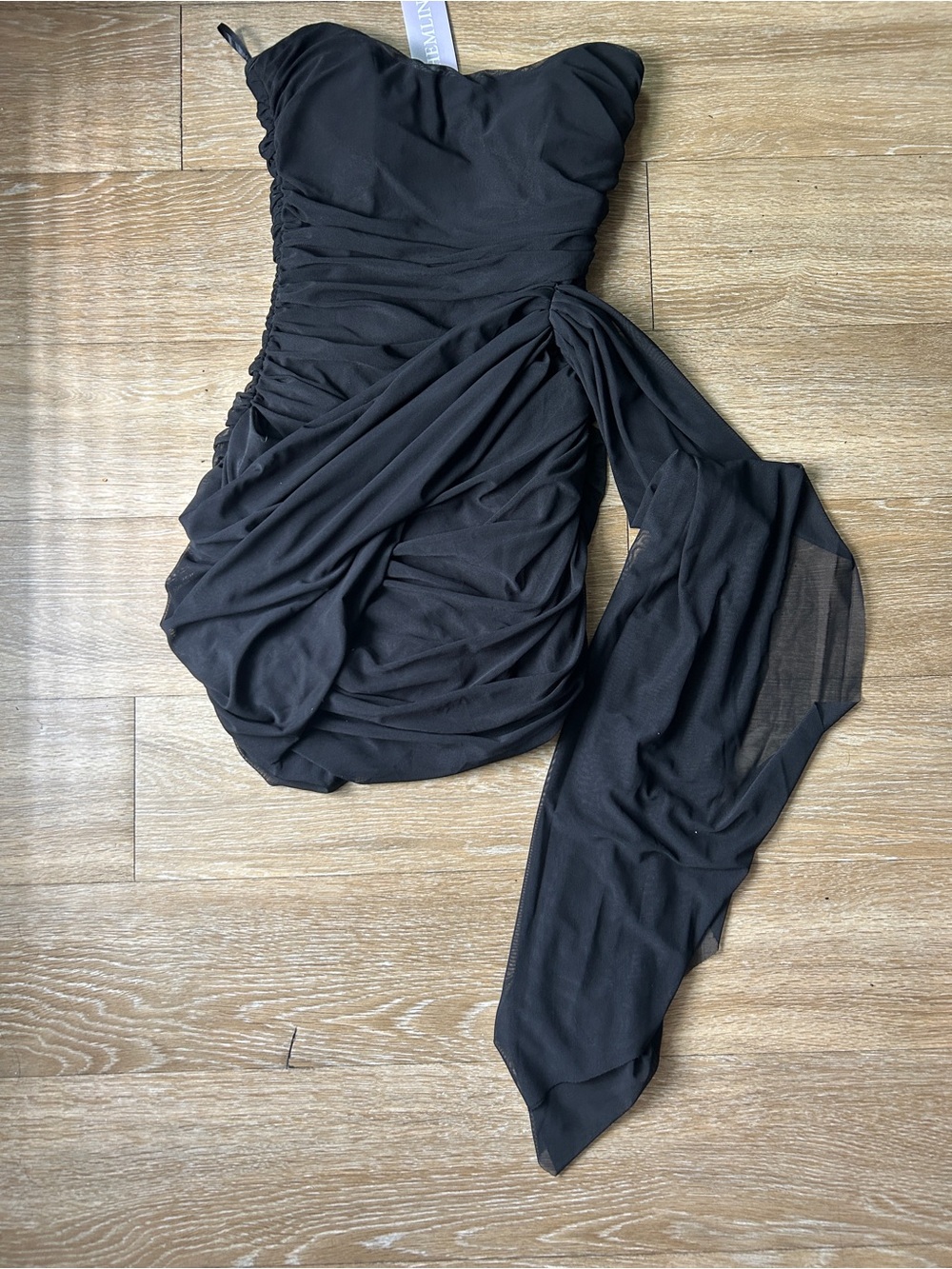 Strapless Black Ruched Cocktail Dress with Draped Sash